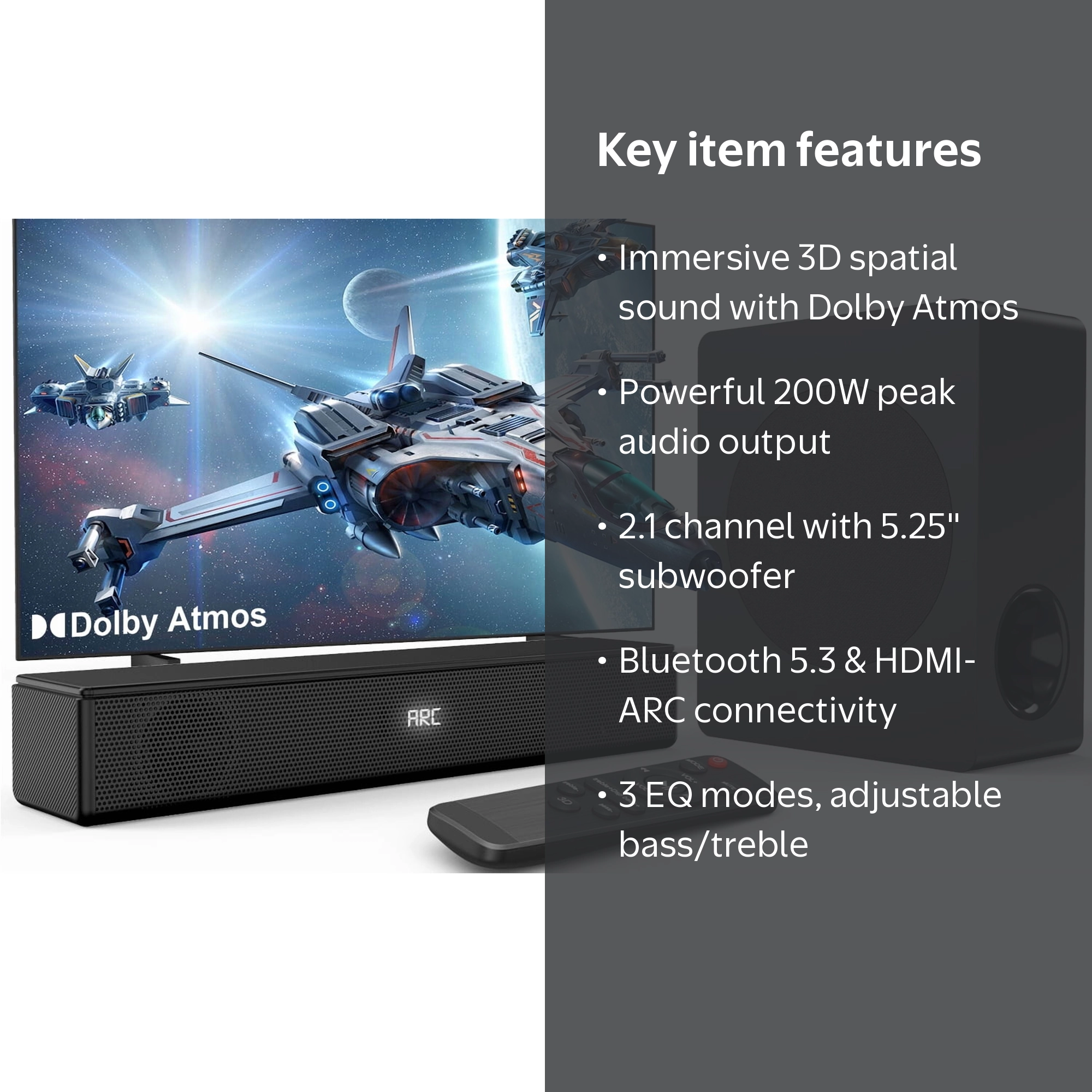 GCZ Sound Bar for TV, 200W Dolby Atmos, HDMI-ARC, 2.1 CH 3D