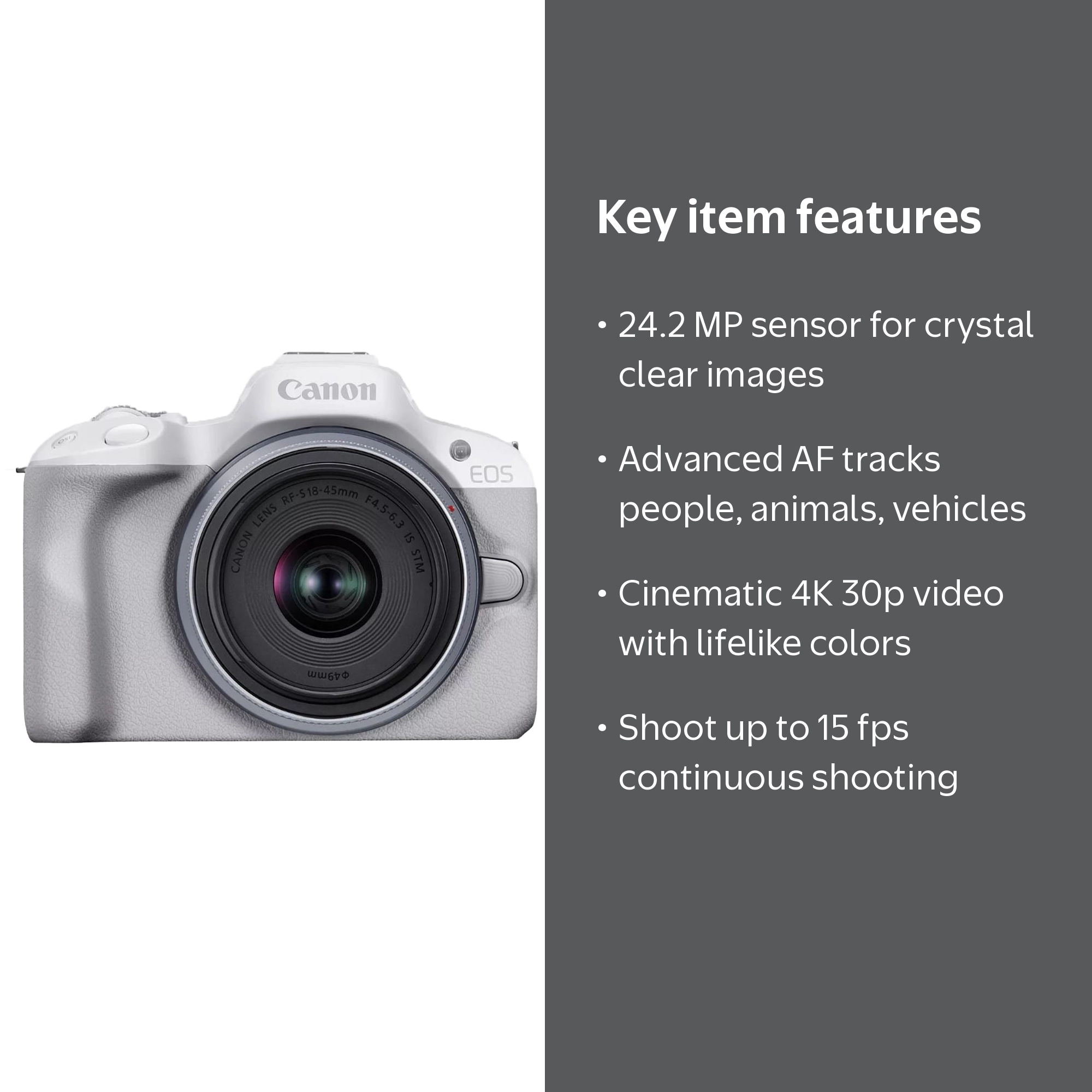 Canon EOS R50 Mirrorless Camera (White) w/RF-S18-45mm Lens, 24.2
