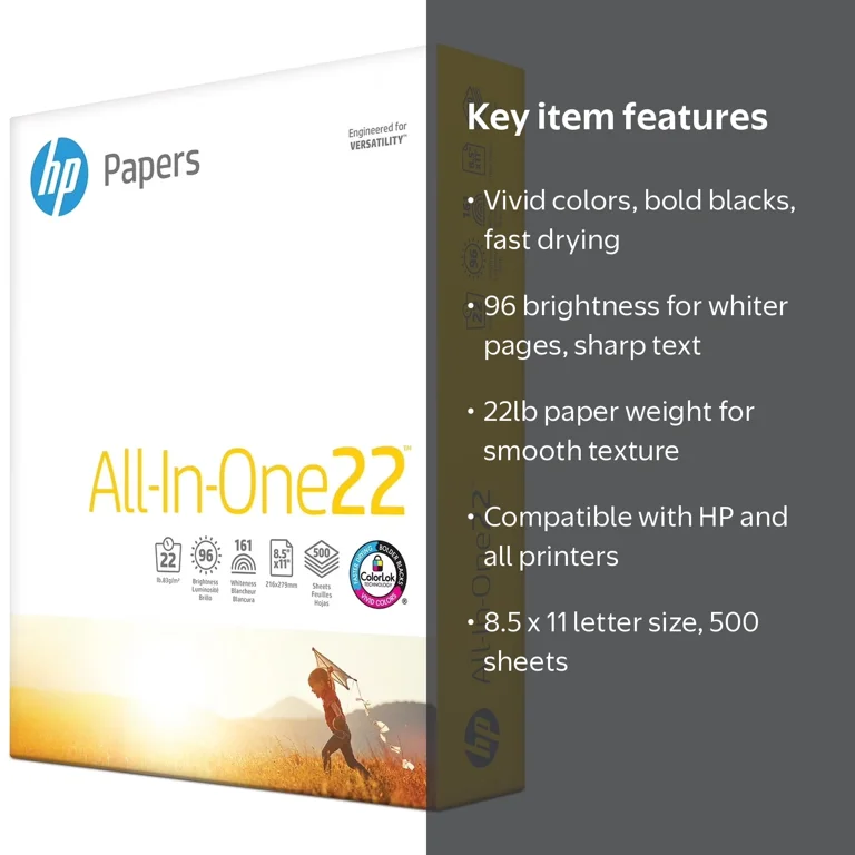 HP Printer Paper, All In One22, 8.5 x 11, 22lb, 96 Bright, 1 Ream