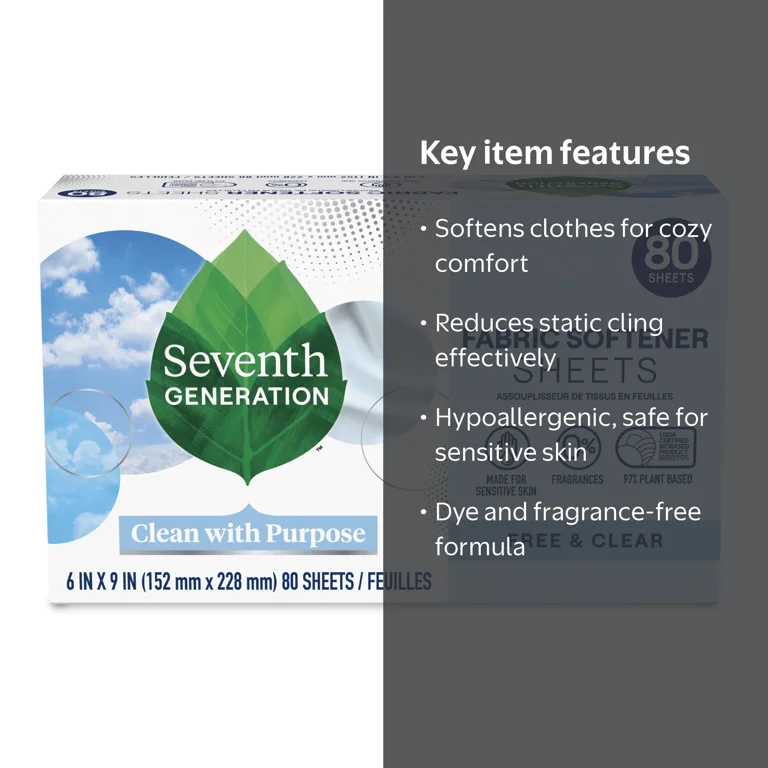 Seventh Generation Fabric Softener Dryer Sheets, Free & Clear 80ct