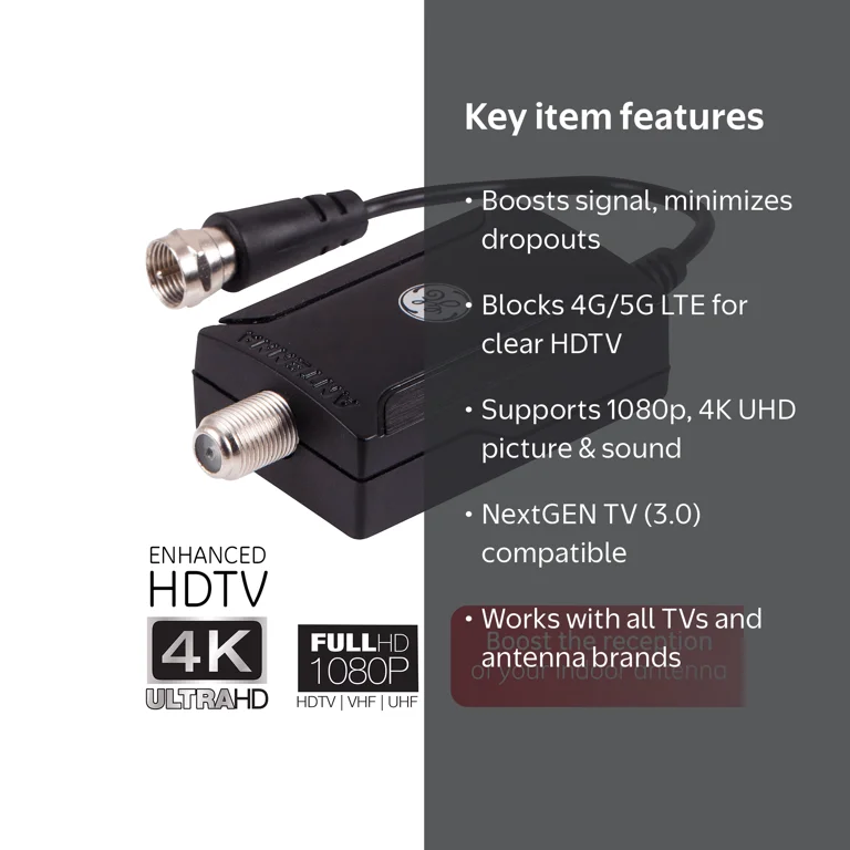 tv antenna digital signal booster box GE Indoor HD Amplifier, Low Noise Antenna Booster, Clears Up Pixelated Low-Strength Channels, Supports HD Smart TV VHF UHF, AC Adapter, Black, 42178 : Electronics or more of coaxial cable can result in some signal loss GE Antenna Amplifier with AC