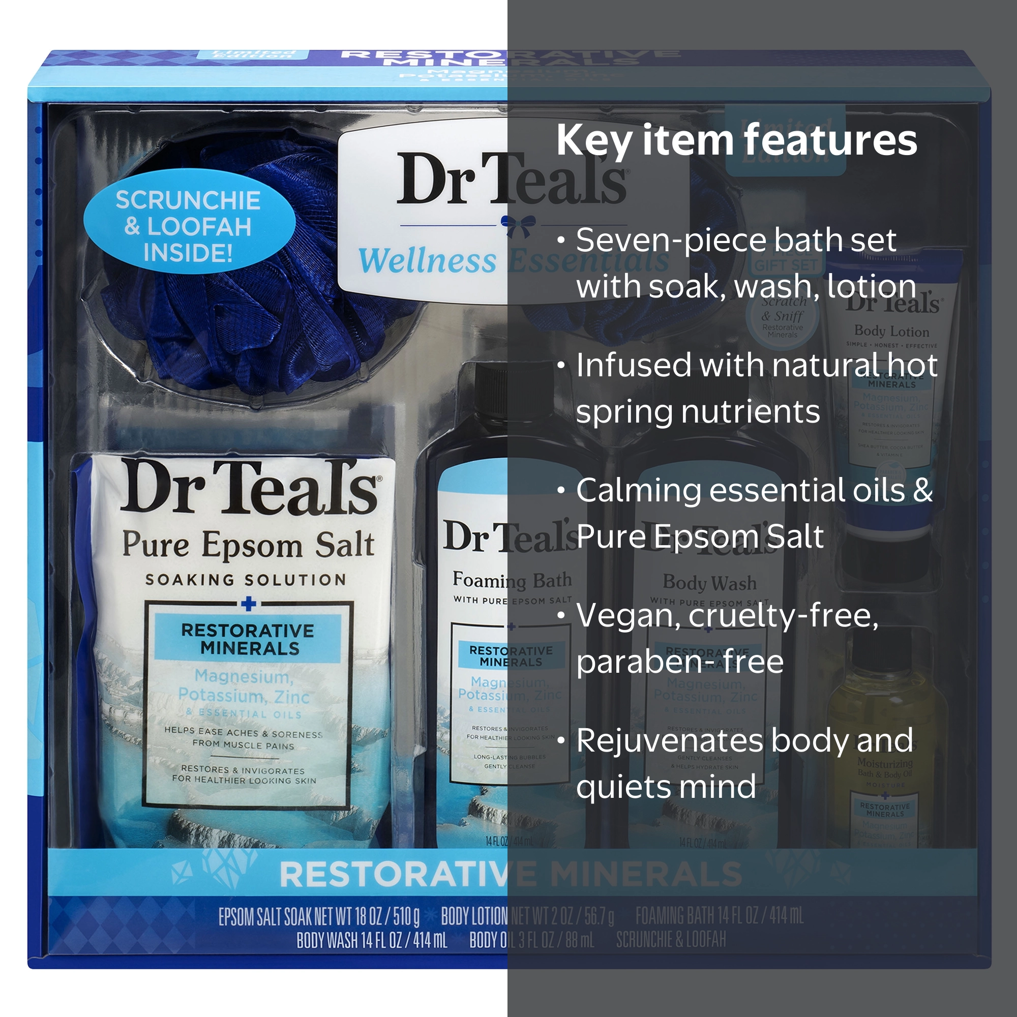 Dr Teal's Restorative Minerals Bath Gift Set with Loofah, 7 Piece
