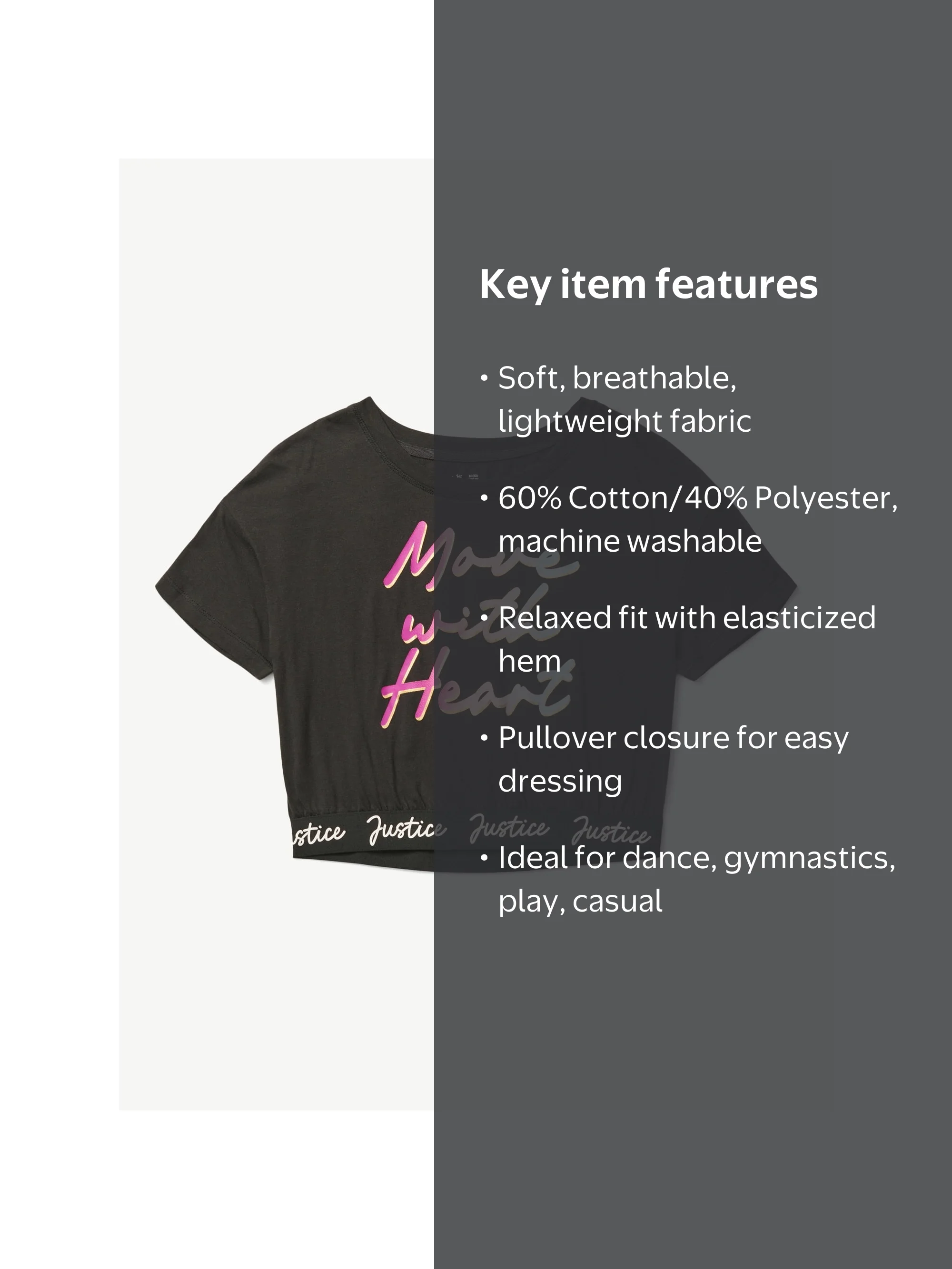 Justice Girls Cropped Shirt, Graphic Crop Tee for Dance and