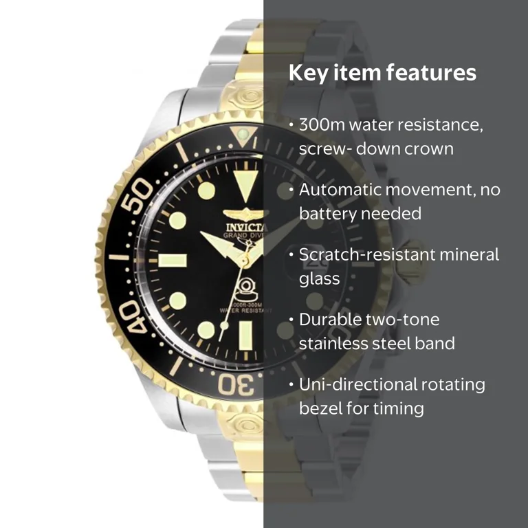 Invicta Grand Diver Automatic Black Dial Two-tone Men's Watch