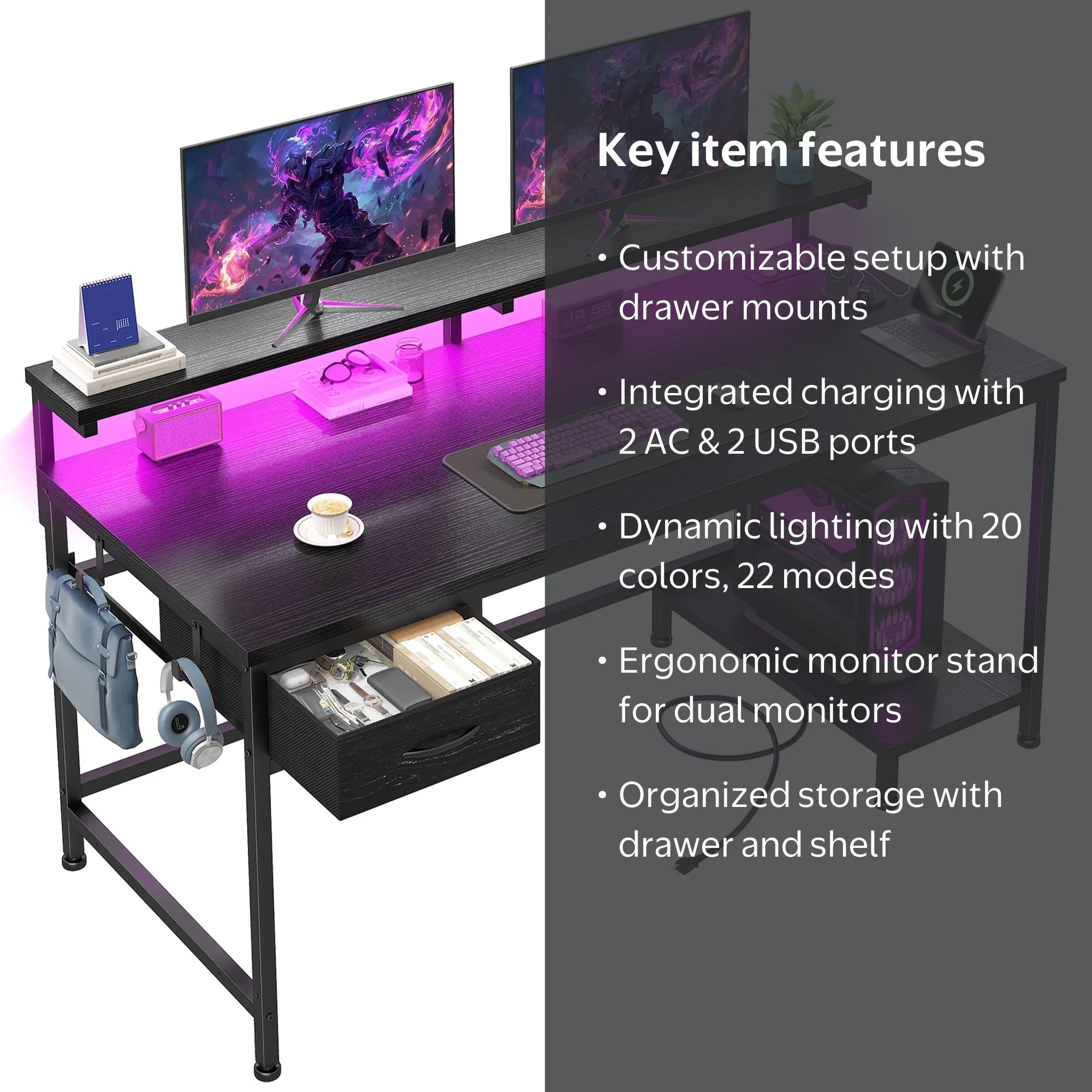 パソコンデスク r Romorgniz, Gaming Desk, with Power Outlet, RGB LED Lights, Black