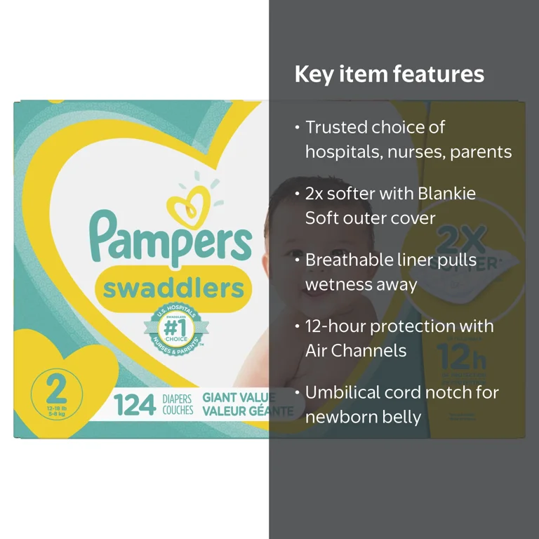 Pampers Swaddlers Diapers Size 2, 124 Count, 2x Softer, 12Hrs