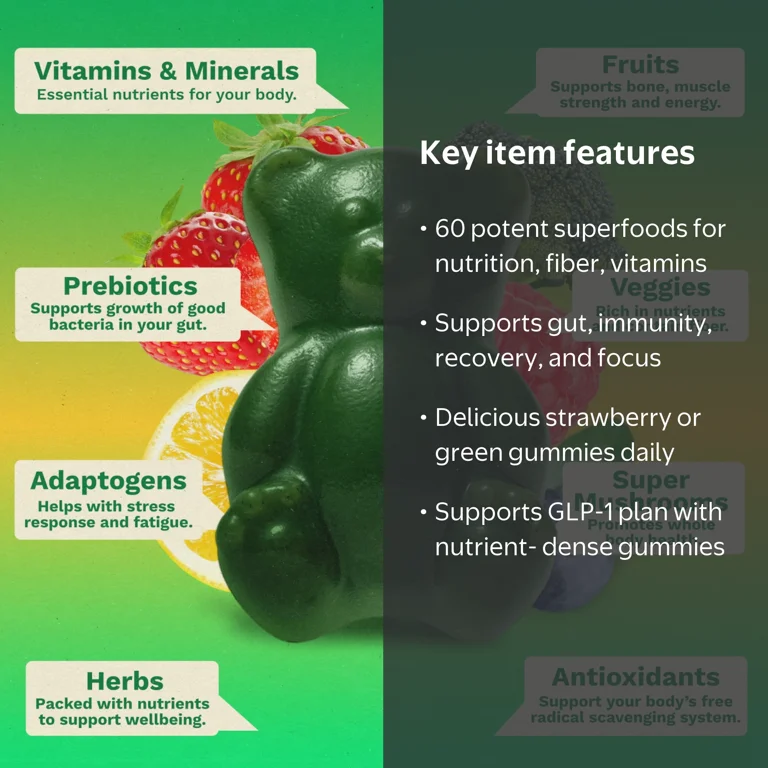 Gruns Superfood Multivitamin Greens Gummies with Prebiotic Fiber for Adults, 3 Count