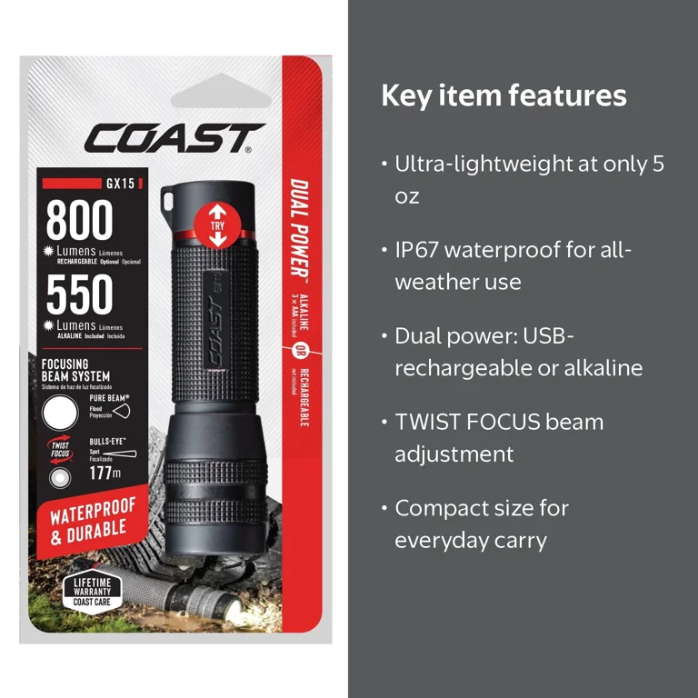 coast rechargeable led flashlight PX200R 2000 Lumen Flashlight, Twist Focus, USB-C, 2-Position Pocket Clip it runs on the included COAST ZITHION COAST GX15 Waterproof LED Flashlight