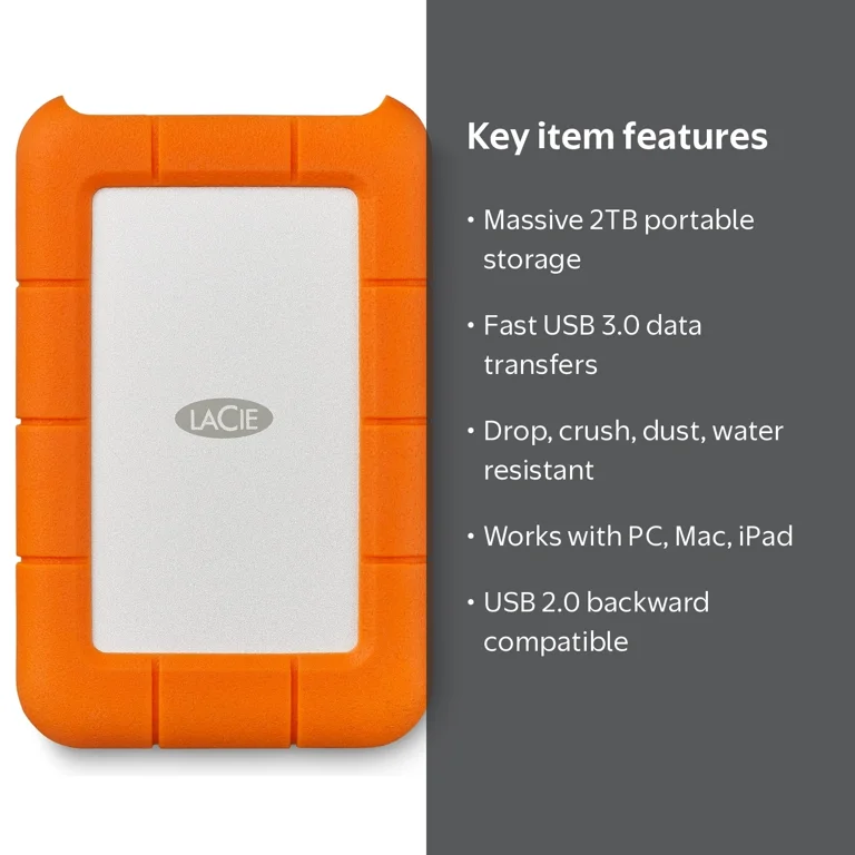 LaCie Rugged Mini 2TB External USB 3.0 Portable Hard Drive with