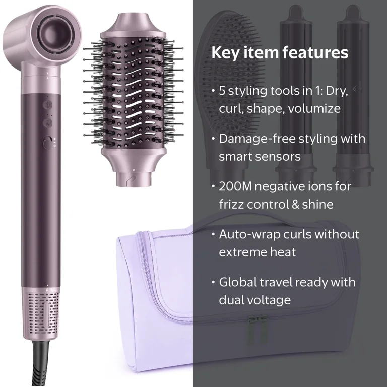 RACCOMB, 5 in 1 Hot Air Styler, Dual Voltage Hair Dryer Brush