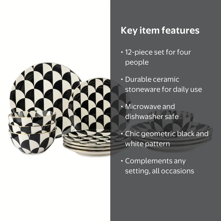 Thyme & Table Emmett 12-Piece Ceramic Dinnerware Set Black and
