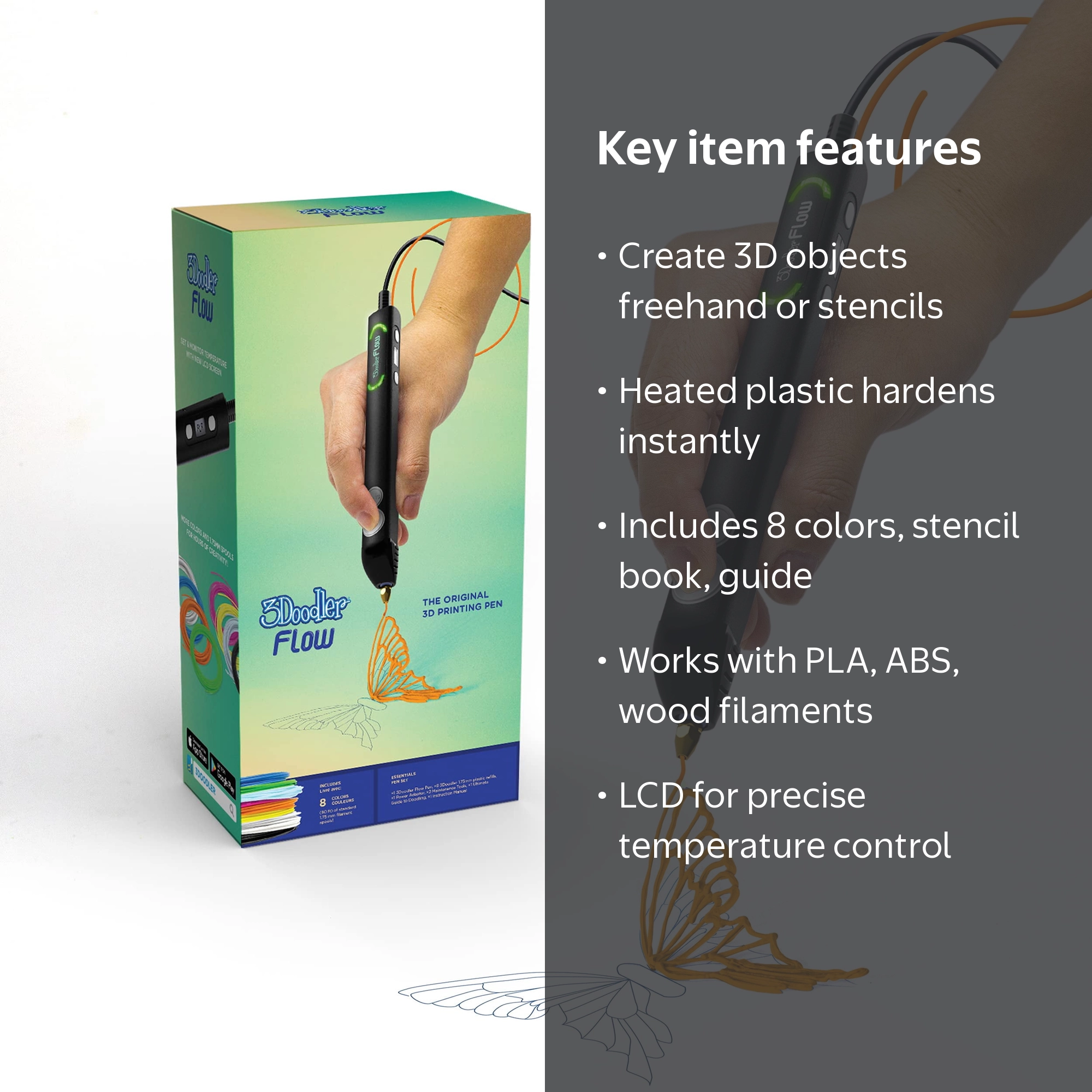 3Doodler Flow 3D Printing Pen with Refill and Stencil Book