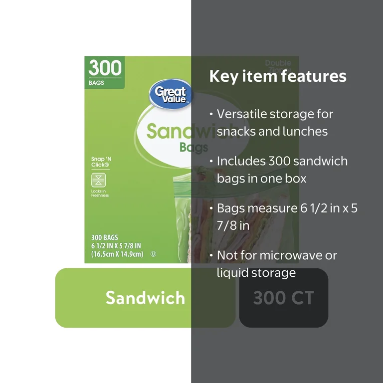 Great Value Double Zipper Sandwich Bags, 300 Count, Reusable Snack