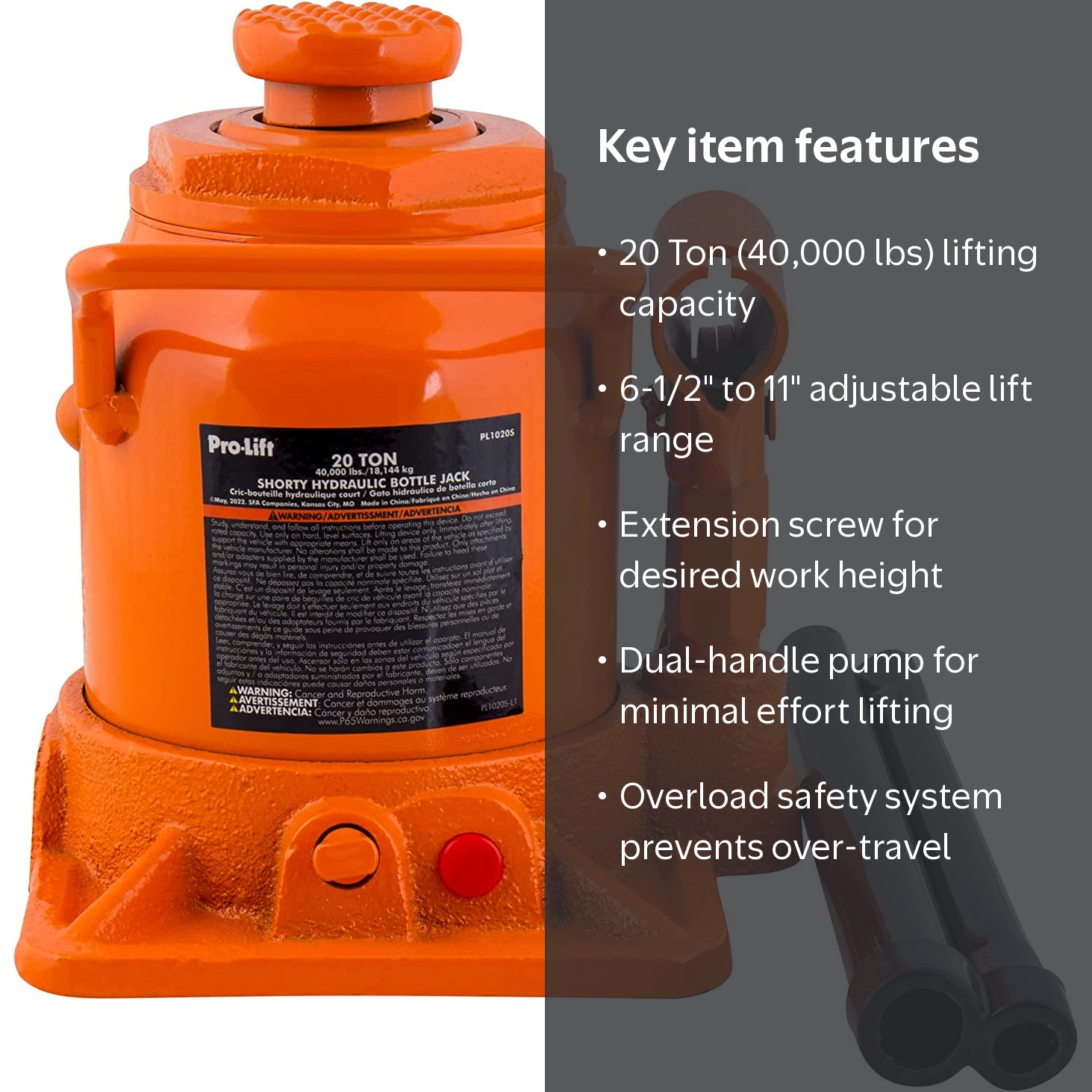 Free Shipping! Pro-Lift 20 Ton Shorty Hydraulic Bottle Jack