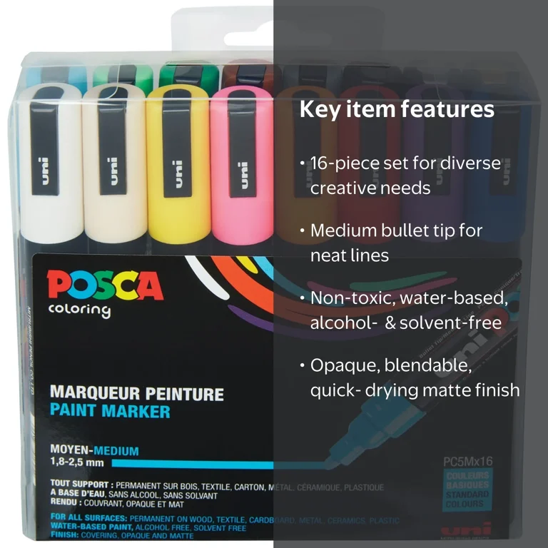 POSCA, Paint Marker Set, PC-5M Medium, 16-Color for Surface Art