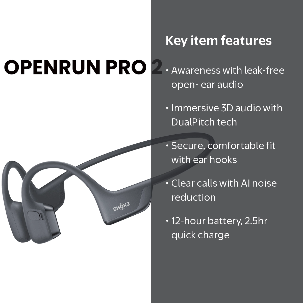 Shokz, OpenRun Pro 2, Bone Conduction Sport Headphones, Black