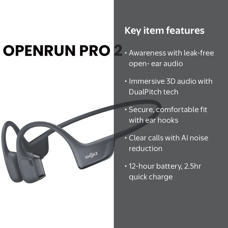 Shokz, OpenRun Pro 2, Bone Conduction Sport Headphones, Black