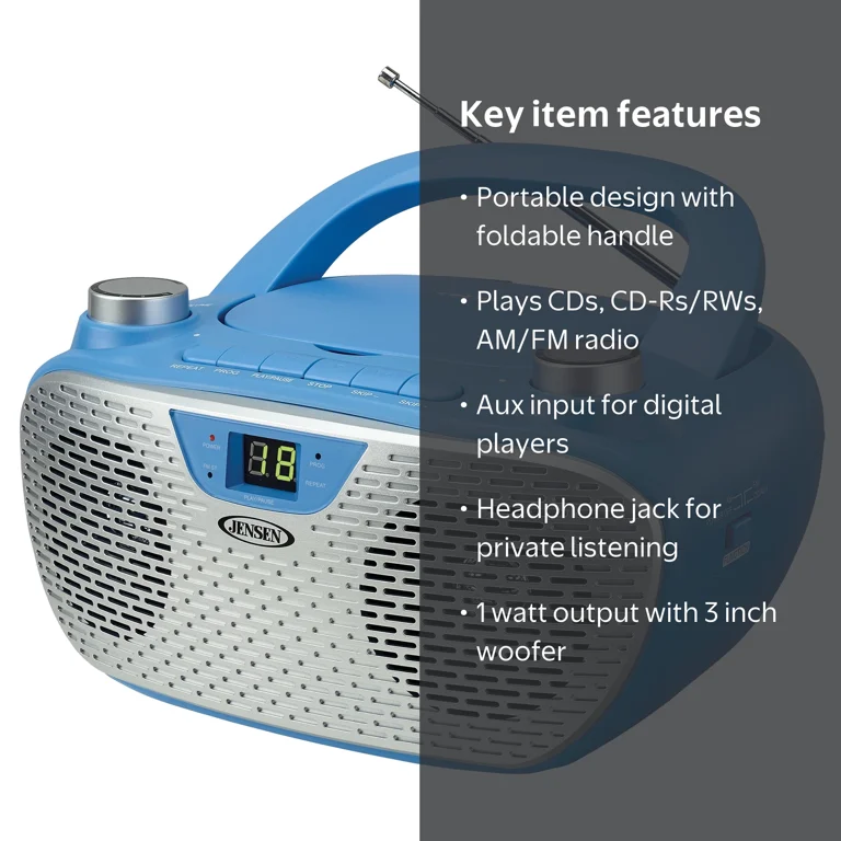 Jensen Bluetooth MP3 Boombox, Blue, CD-485-BL - Walmart.com