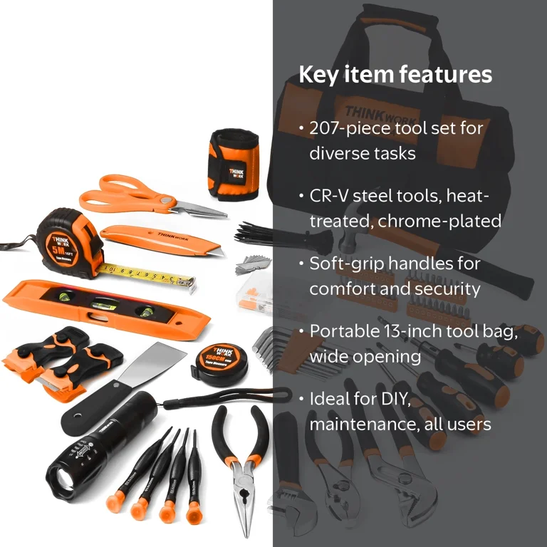 THINKWORK Orange 207 Piece Tool Set, Hand Tools for DIY