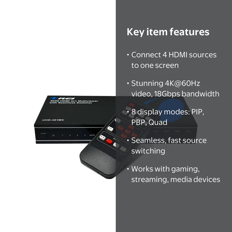 OREI 4x1 HDMI 4K UHD Multi-Viewer Quad Video Switch, Seamless