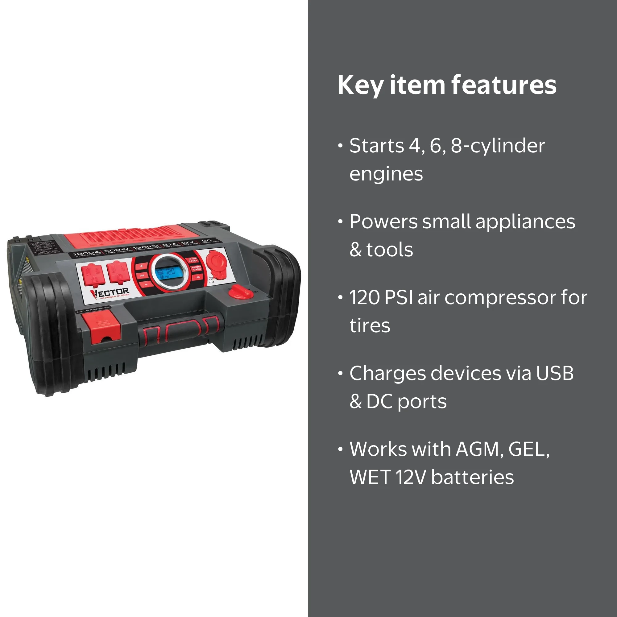 Vector 1200 Peak Amp Automotive Jump Starter, Portable Power - 10W USB  Port, 500W Inverter, 120 PSI Air Compressor - Walmart.com