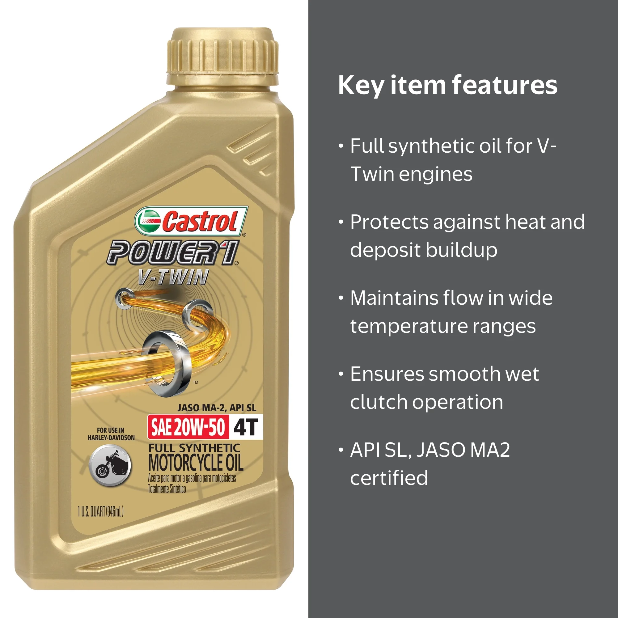 Castrol, Motorcycle Oil, 1 Quart, Full Synthetic V-Twin 20W-50