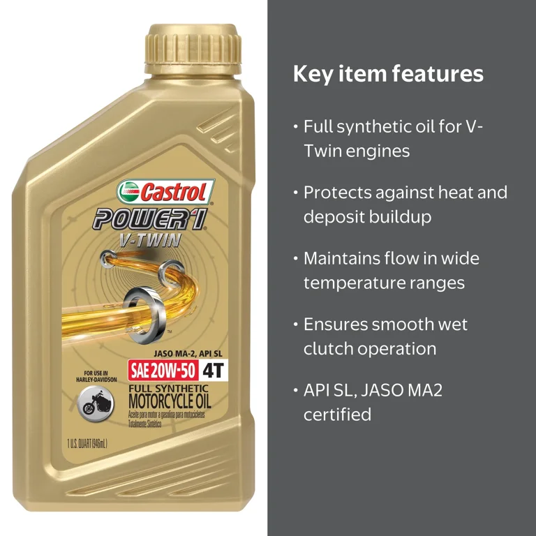 Castrol, Motorcycle Oil, 1 Quart, Full Synthetic V-Twin 20W-50