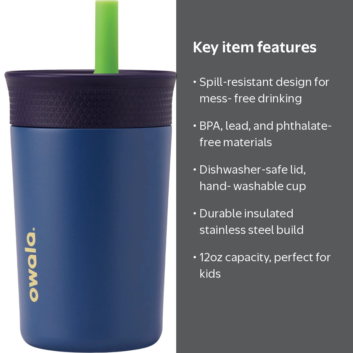 Owala, Kids Stainless Steel Straw Tumbler, Spill Resistant, 12oz