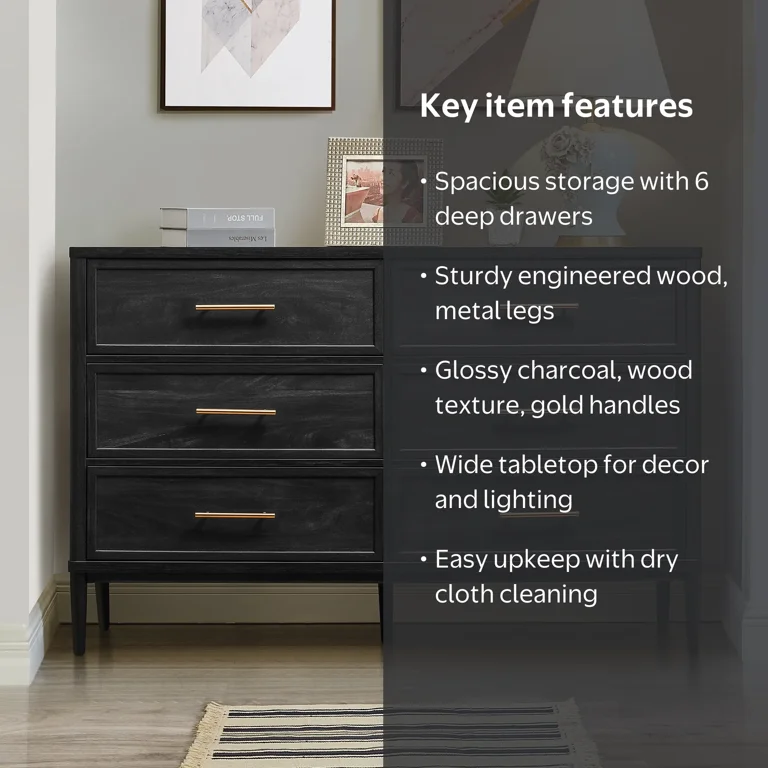 Better Homes & Gardens Oaklee 6 Drawer Dresser, Charcoal Finish