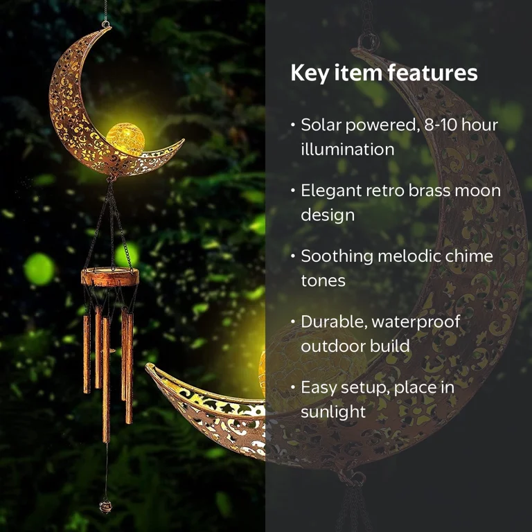 Solar Moon Wind Chime Light, Retro Brass Metal, Warm LED, Crackle