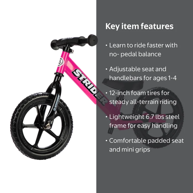 Strider 12 Sport Bike, Pink - No Pedal Balance Bicycle for Kids 1