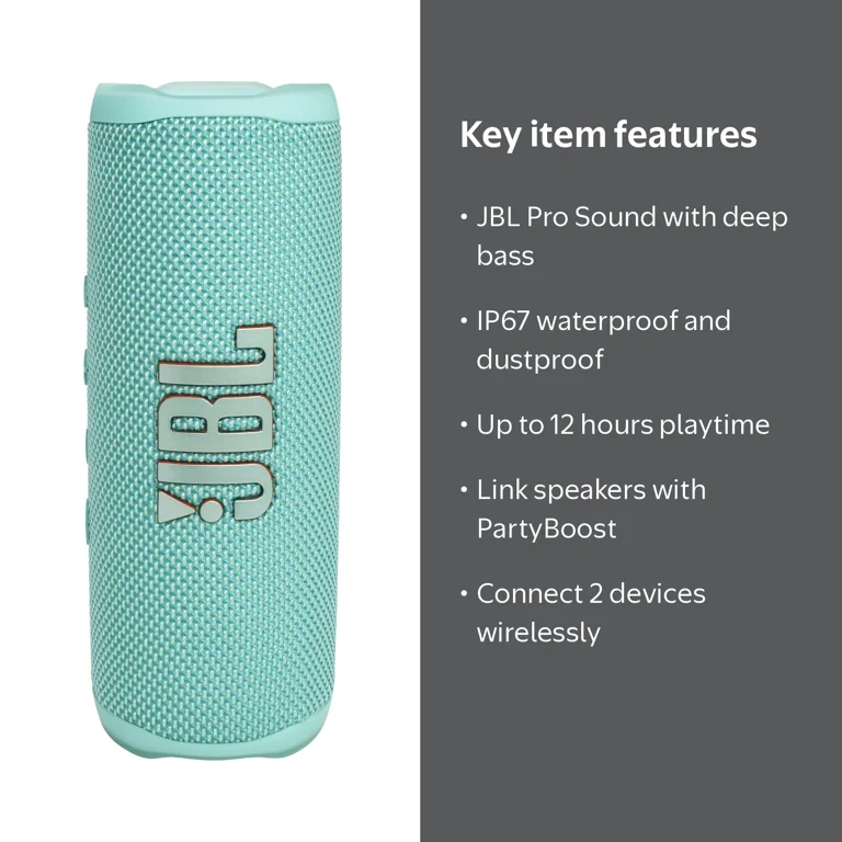 JBL, Flip 6, Blue, Waterproof Bluetooth Speaker, 12 Hours