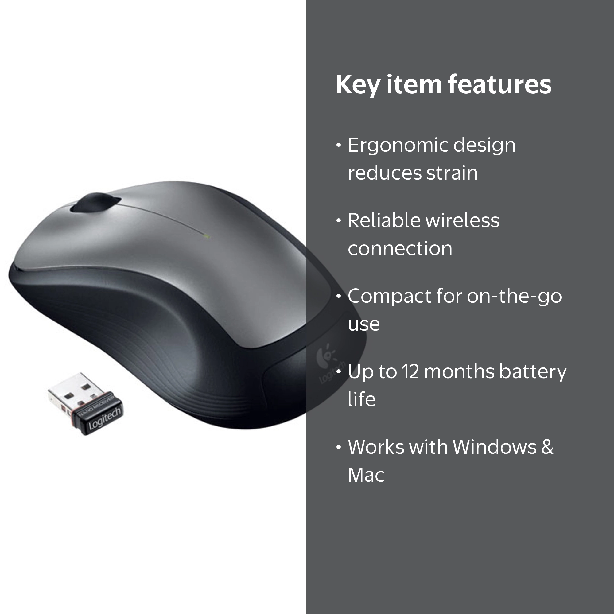 Logitech, Wireless Mouse, 910-001675, Silver, Extended Battery