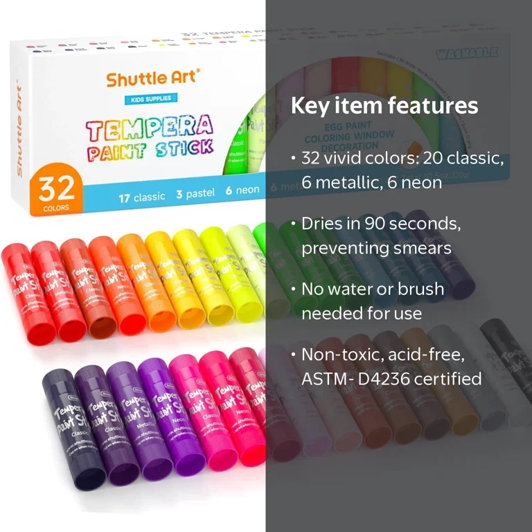 Shuttle Art, Tempera Paint Sticks, 32 Colors, Quick Drying, Works