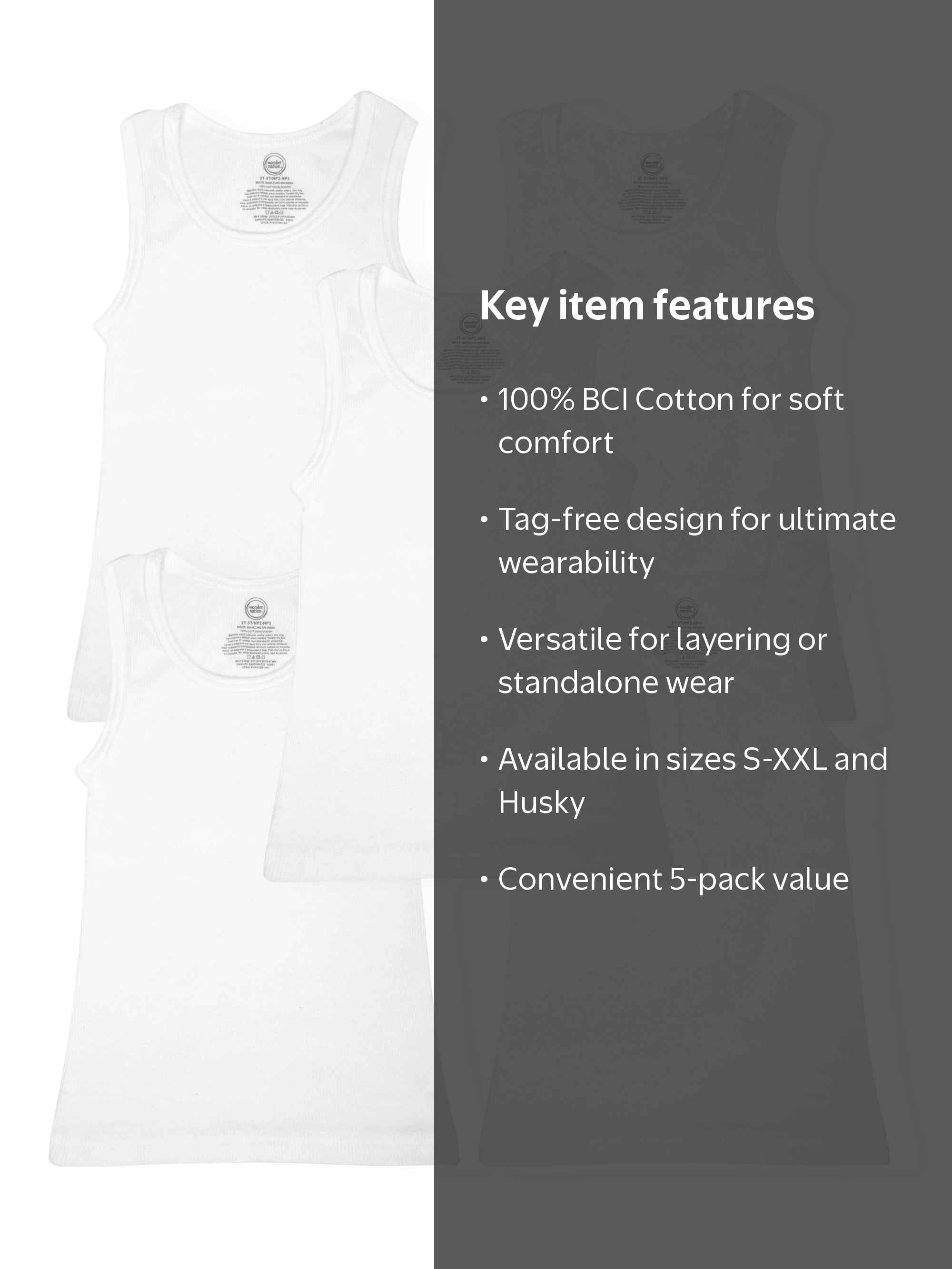 Wonder Nation Boys Cotton Tank Top Undershirt 5-Pack Sizes S-XXL