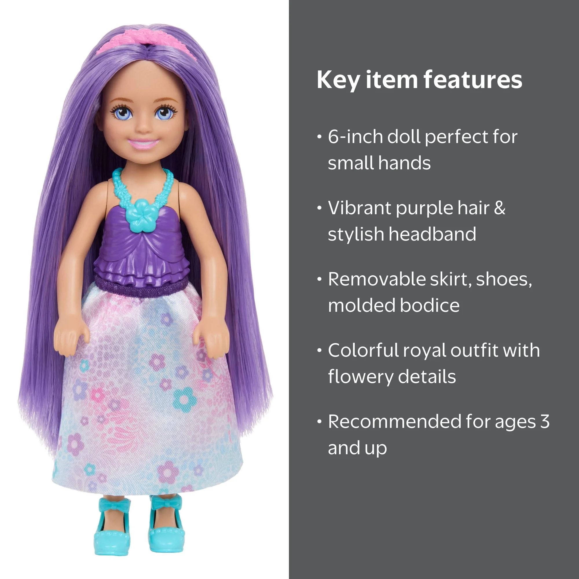 Barbie Chelsea Royal Small Doll with Purple Hair, Removable Skirt