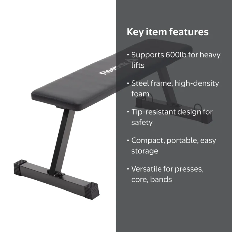 Reebok Heavy Duty Flat Bench – 600 lb Capacity, Tip-Resistant