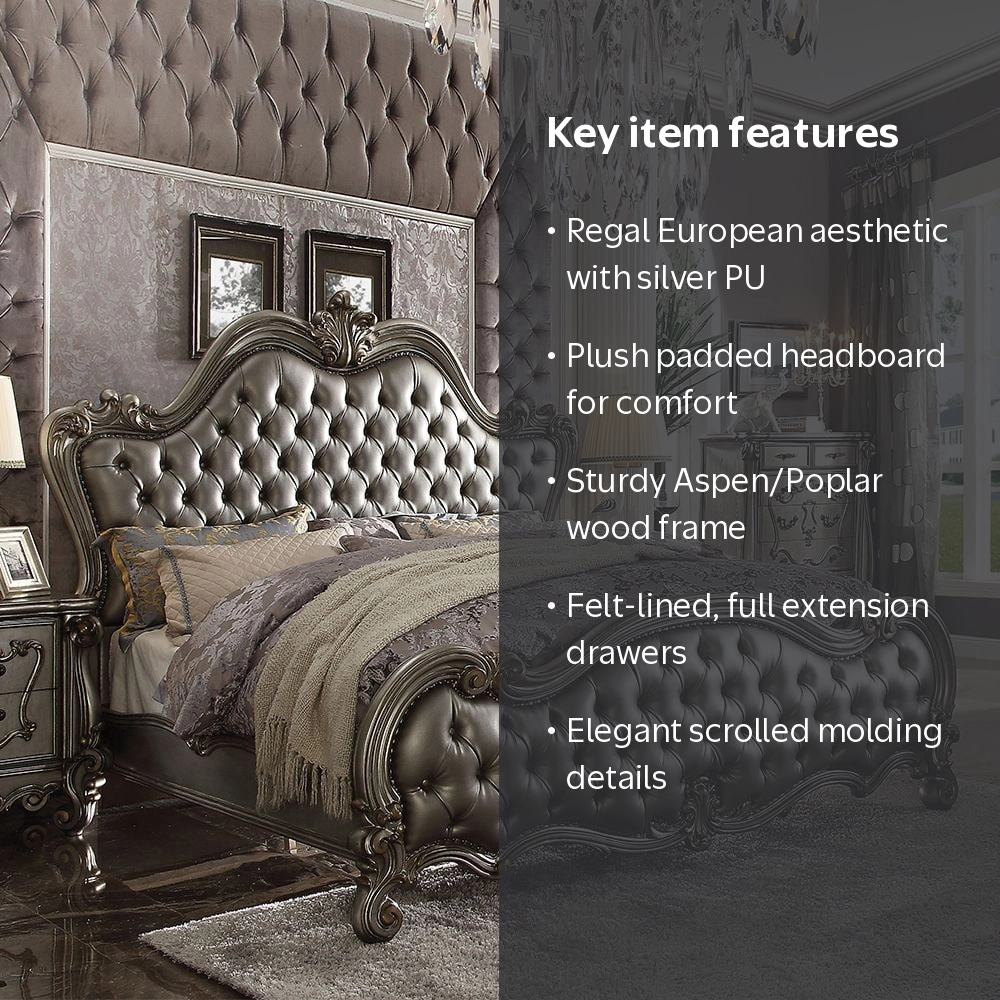ACME Versailles II Queen Bed, Silver PU & Antique Platinum (1Set