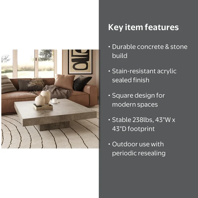 Modrest Morley Modern Concrete Stone Coffee Table, Dark Gray