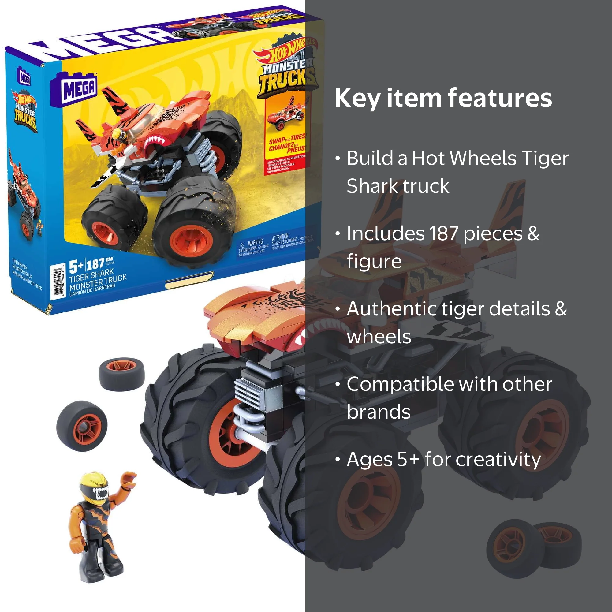 MEGA Hot Wheels Tiger Shark Monster Truck Building Set with 1