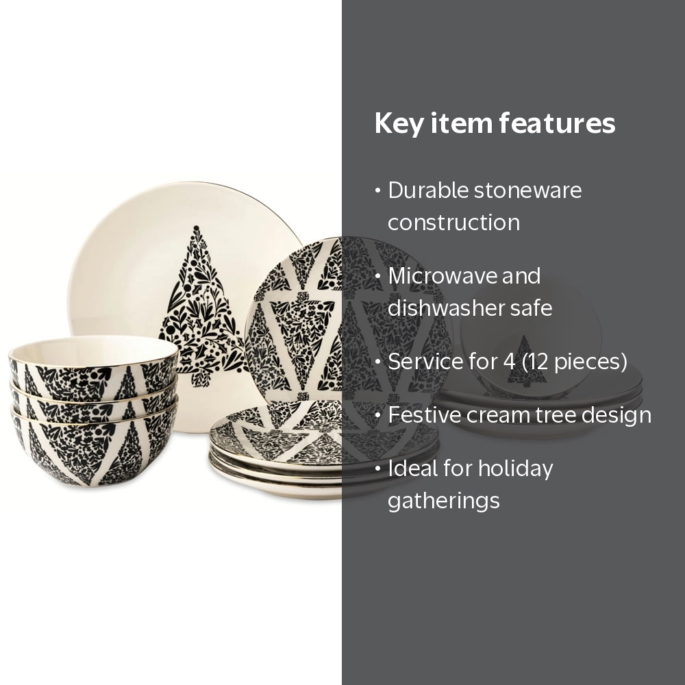 Thyme & Table Holiday Tree 12-Piece Ceramic Dinnerware Set - Cream