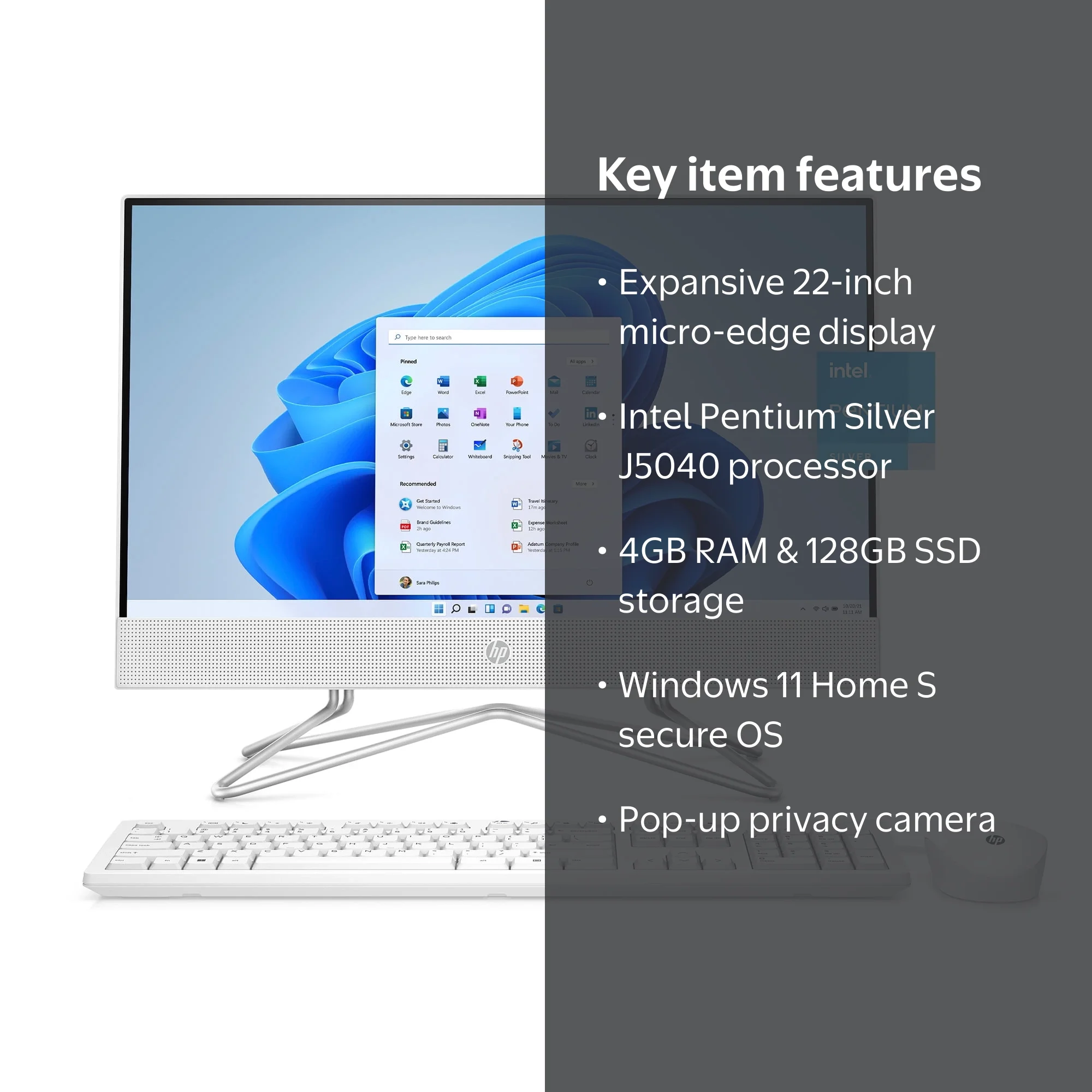 HP 22 Desktop Computer, All-in-One PC, Intel Pentium J5040, 4GB