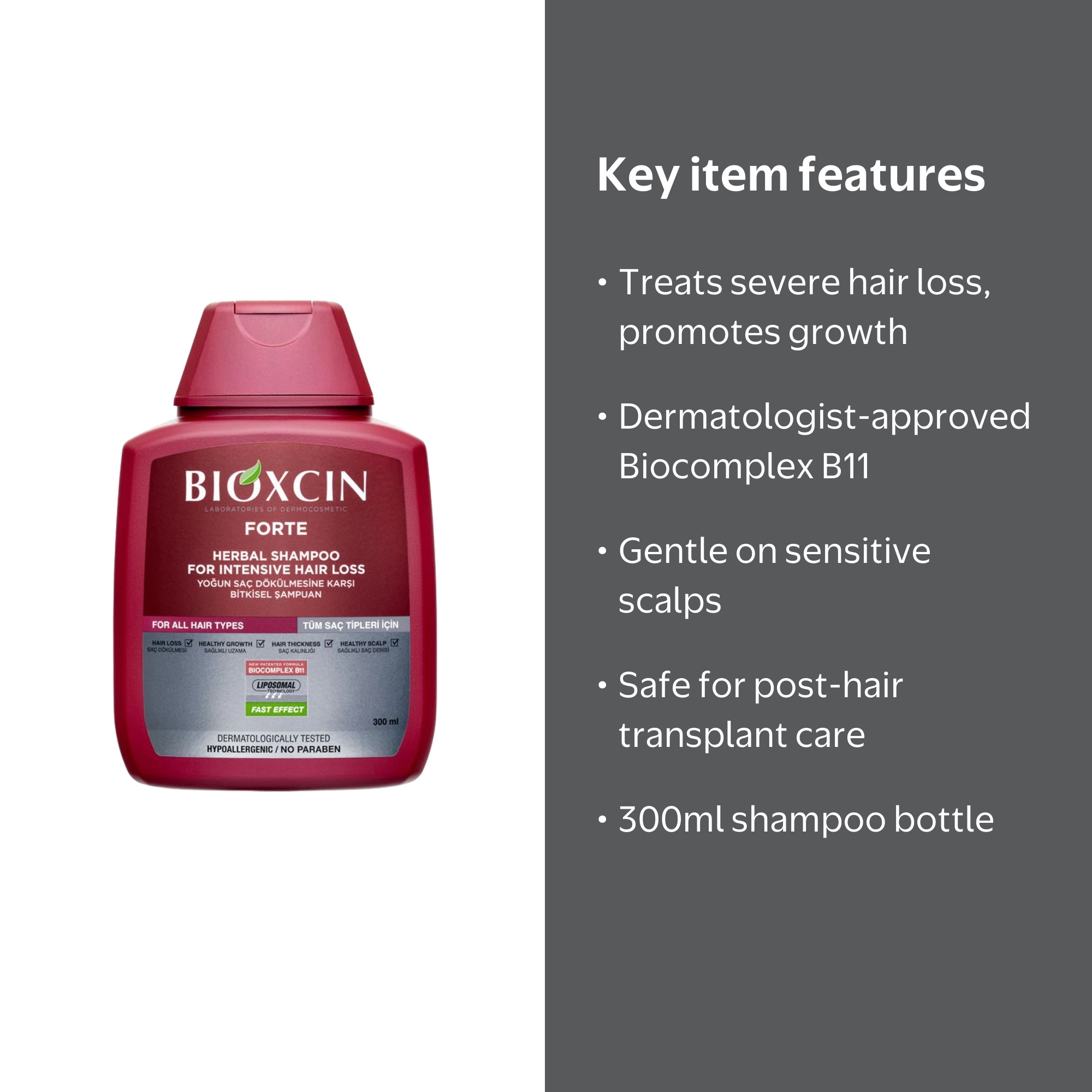Bioxcin Forte Herbal Shampoo, Intensive Hair Loss Treatment, 300ml