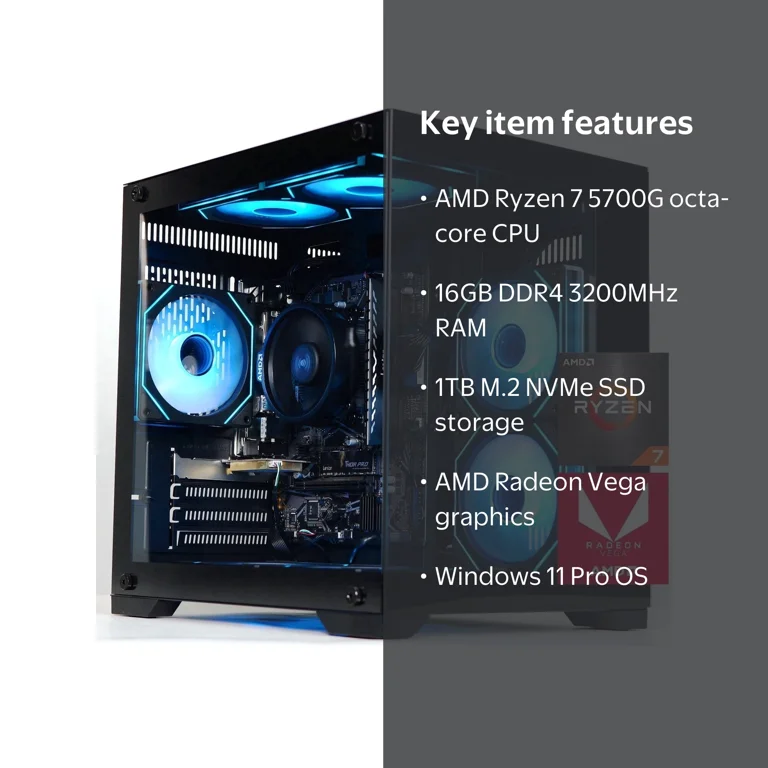 ICEWOLF Gaming PC, AMD Ryzen 7 5700G, 16GB RAM, 1TB SSD, Radeon