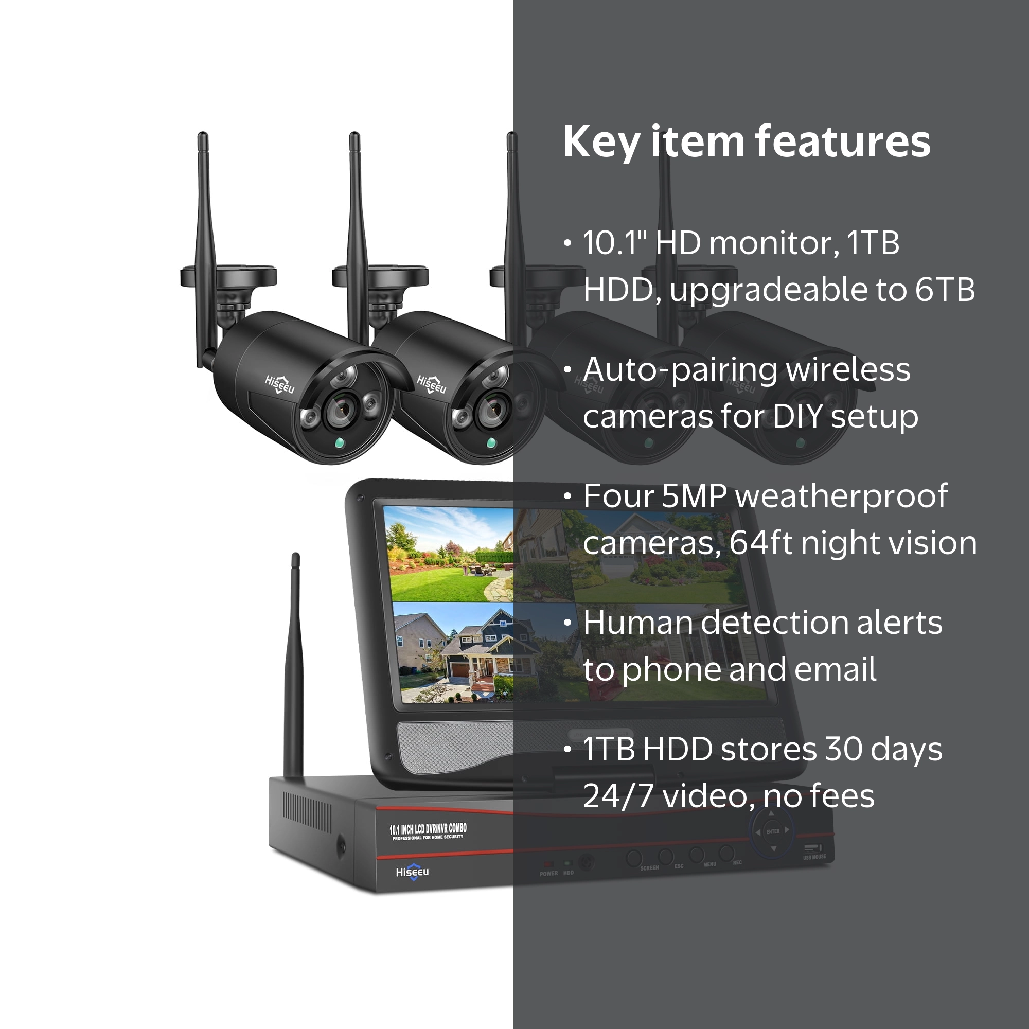 Hiseeu Security Camera System with 10.1'' Monitor, 1TB Hard Drive