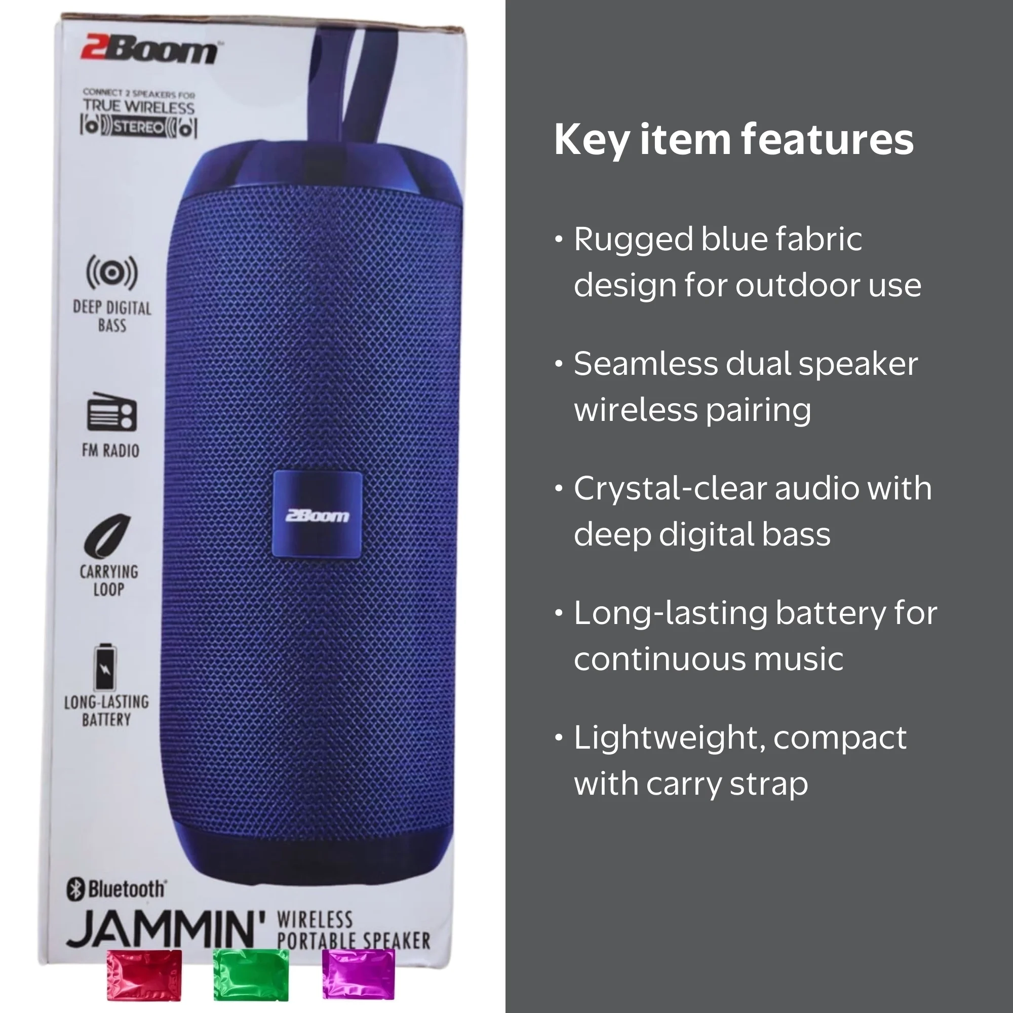 2Boom Jammin' Wireless Portable Speaker Blue, Deep Bass, Long
