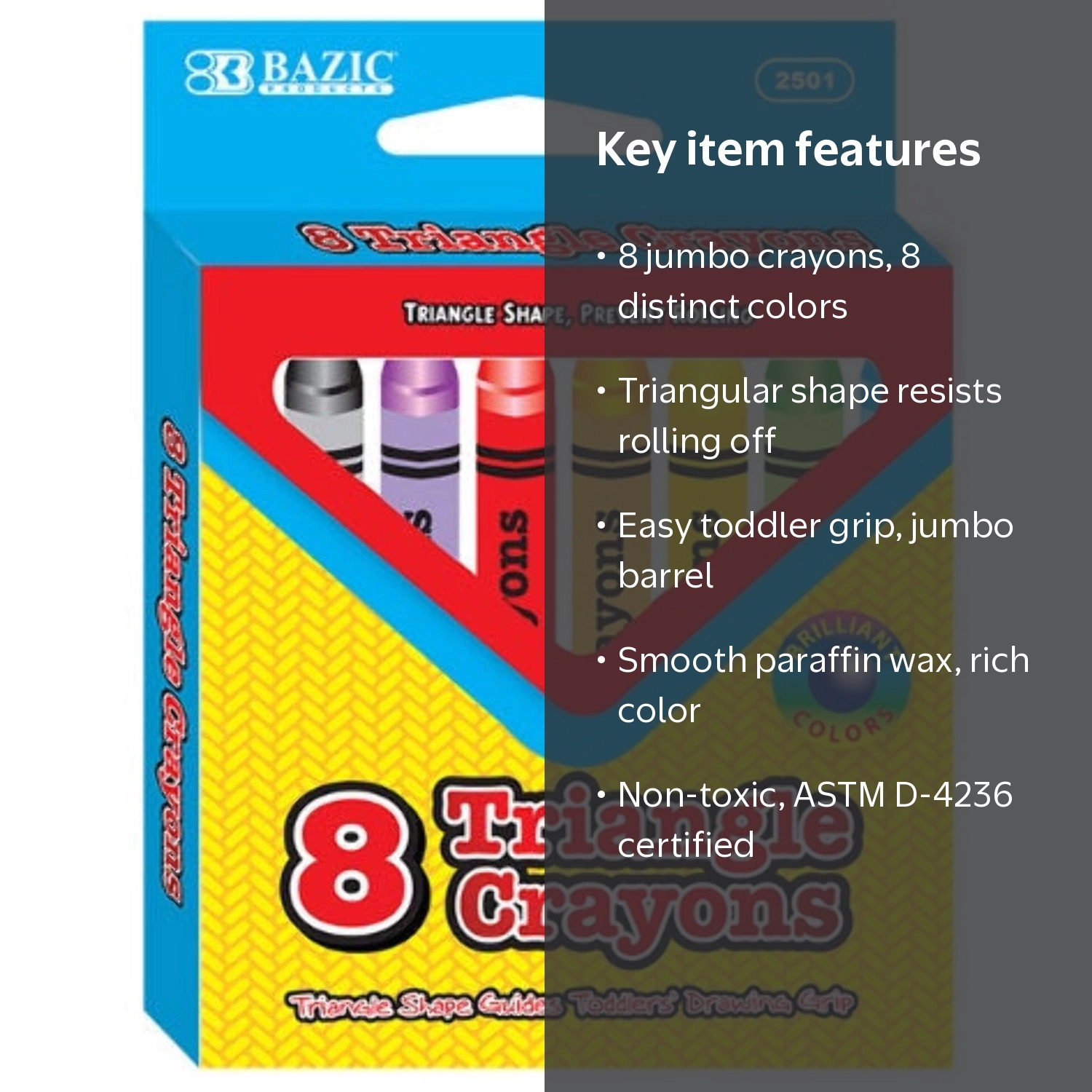 BAZIC Crayons Jumbo Triangle 8 Color, Non Toxic Drawing Crayon, 1