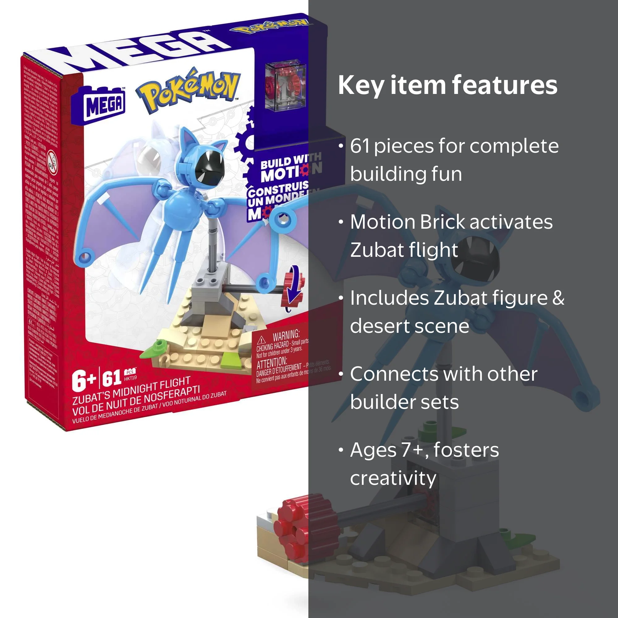 MEGA, Pokemon Building Set, Zubat's Midnight Flight, 61 Pieces