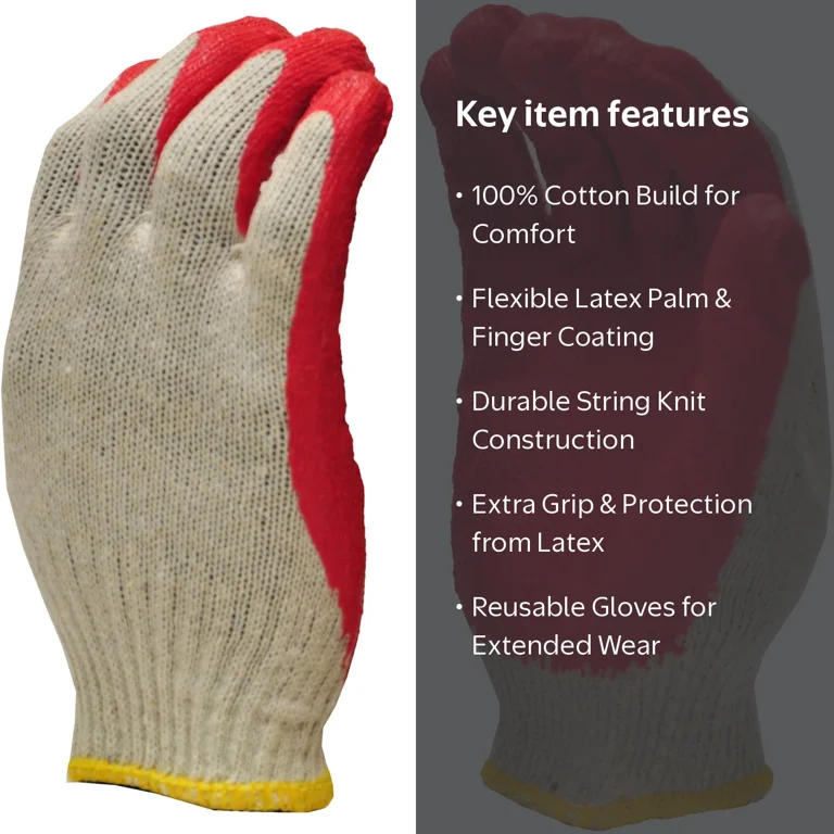 G & F String-Knit Palm Latex Dipped Work Gloves, Red, 10 Pairs
