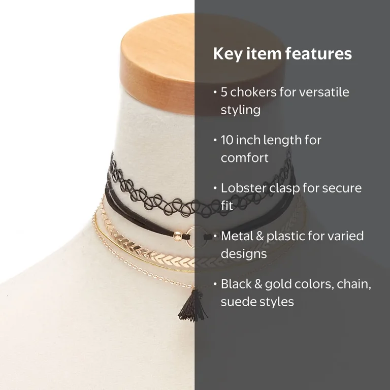 Claire's Mixed Metal and Plastic Choker Necklaces - Black, 5 Pack